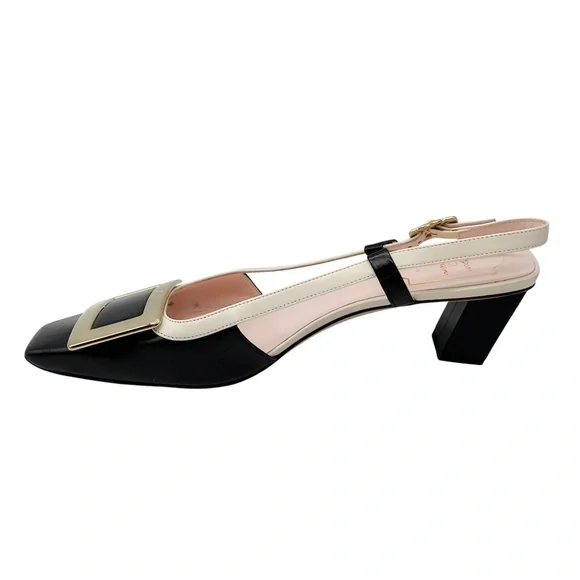 ROGER VIVIER BLACK / IVORY / GOLD BUCKLE LOW HEEL LEATHER SLINGBACK PUMPS - Picture 3 of 7
